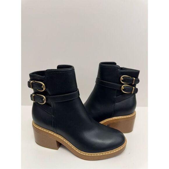 Marc Fisher Ankle Booties Size 5.5 Black Leather Block Heel Buckle Detail NEW - Picture 5 of 10
